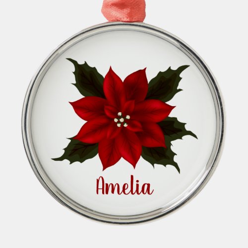 Red Poinsettia Christmas Personalized Metal Ornament