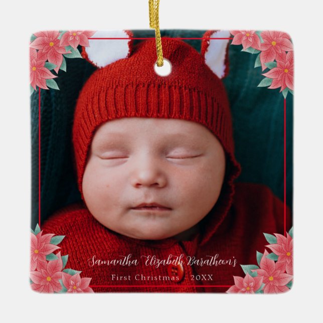 Red Poinsettia Christmas Personalized Photo Ceramic Ornament (Front)
