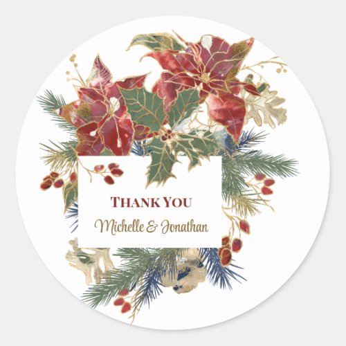 Red Poinsettia Christmas Personalized Thank You Classic Round Sticker