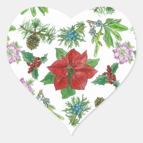 Red Poinsettia Christmas Plants Botanical Heart Sticker