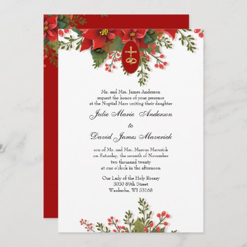 Red Poinsettia Christmas Religious Elegant Wedding Invitation