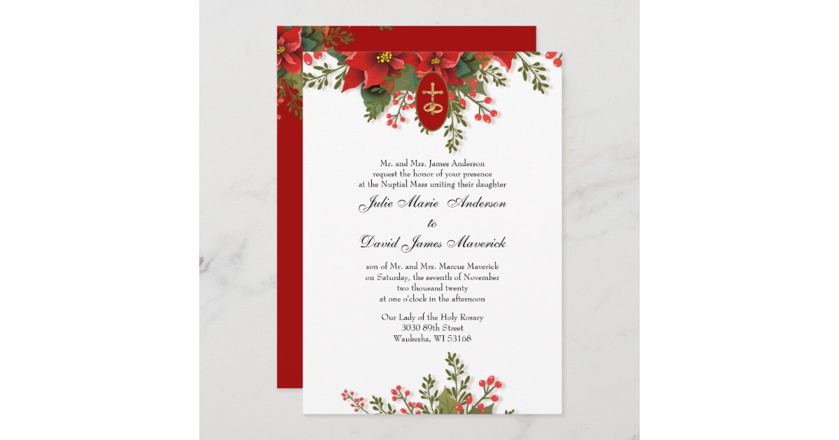 Red Poinsettia Christmas Religious Elegant Wedding Invitation | Zazzle