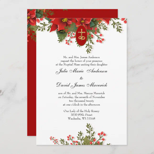 Red Poinsettia Christmas Religious Elegant Wedding Invitation | Zazzle