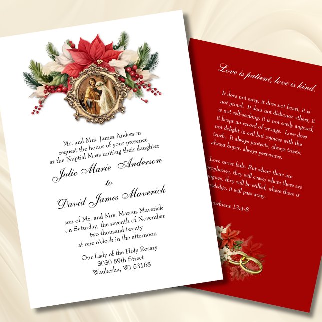 Red Poinsettia Christmas Religious Elegant Wedding Invitation (Creator Uploaded)
