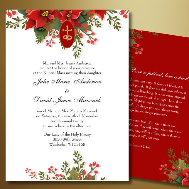 Red Poinsettia Christmas Religious Elegant Wedding Invitation (Creator Uploaded)