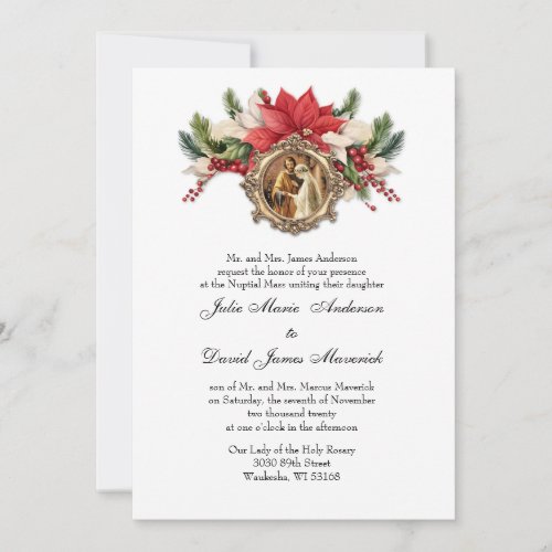 Red Poinsettia Christmas Religious Elegant Wedding Invitation