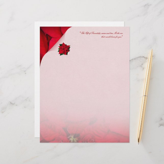 Red Poinsettia Christmas Stationery (Front/Back In Situ)