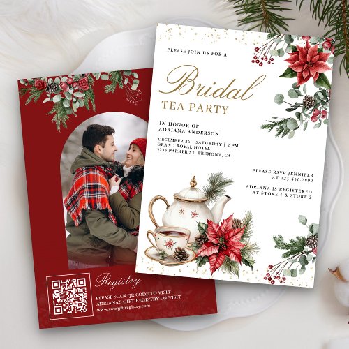 Red Poinsettia Christmas Tea Party Bridal Shower Invitation