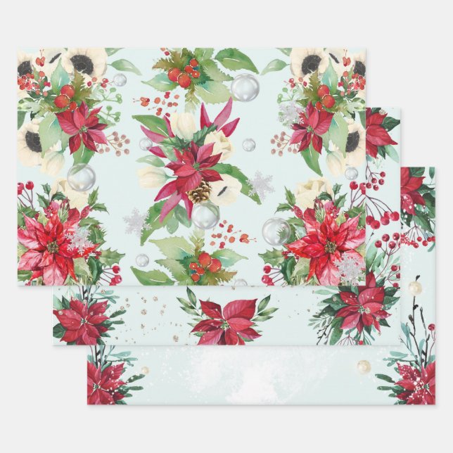 Red Poinsettia Christmas Themed Wrapping Paper Sheets (Set)