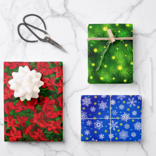 Red Poinsettia Christmas Tree Snowflakes elegant Wrapping Paper Sheets