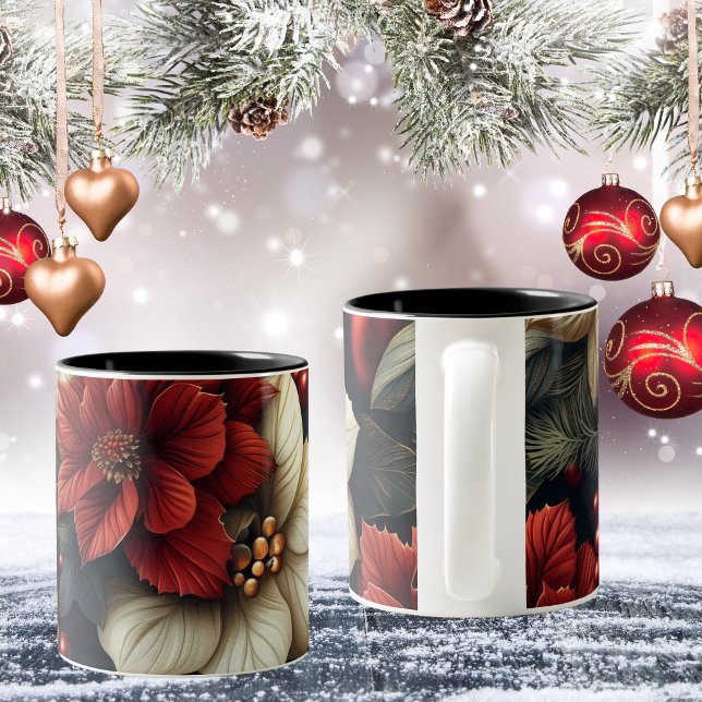 Red Poinsettia Christmas  Two-Tone Coffee Mug (Perfect coffee mug to have your Christmas morning coffee!)