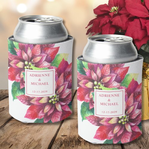 Red Poinsettia Christmas Wedding  Can Cooler