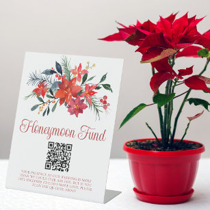 Red Poinsettia Christmas Wedding Honeymoon Fund Pedestal Sign