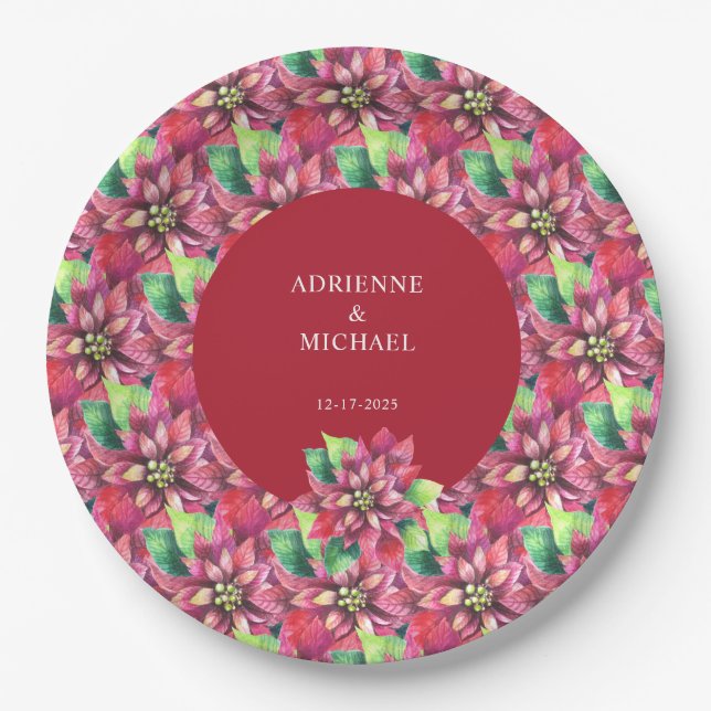 Red Poinsettia Christmas Wedding  Paper Plates (Front)