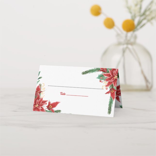 Red Poinsettia Christmas | Wedding Place Card (Front)