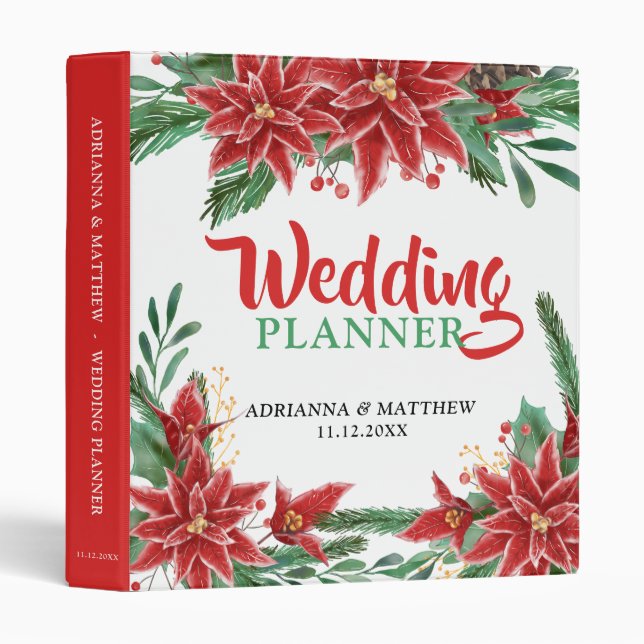 Red Poinsettia Christmas Wedding Planner 3 Ring Binder (Front/Spine)