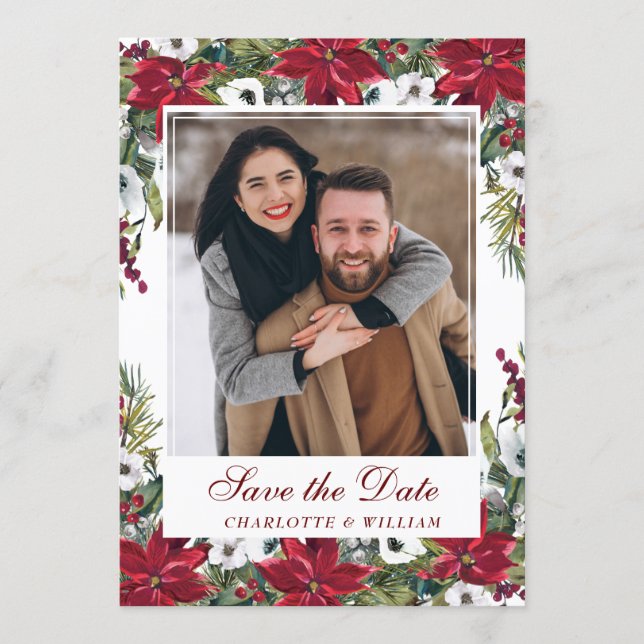 Red Poinsettia Christmas Wedding Save the Date Invitation (Front)