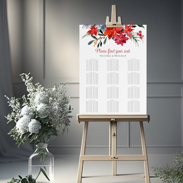 Red Poinsettia Christmas Wedding Seating Chart Foam Board (Creator Uploaded)