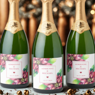 Red Poinsettia Christmas Wedding Sparkling Wine Label