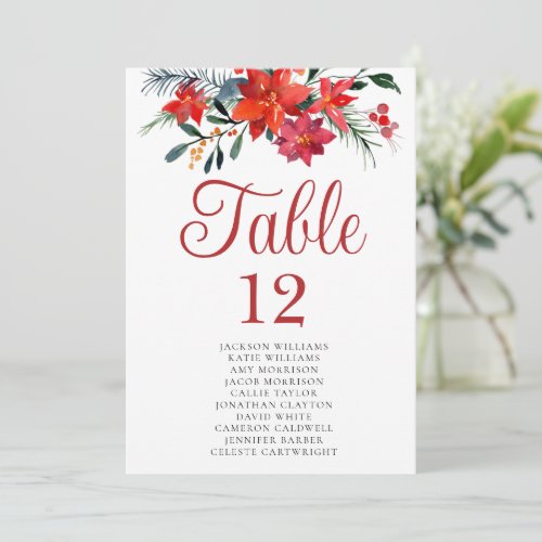 Red Poinsettia Christmas Wedding Table Card Names