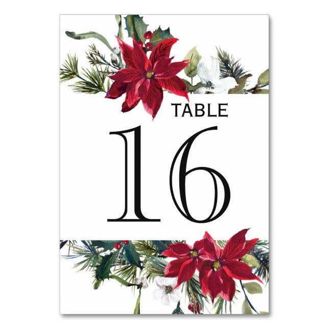 Red Poinsettia Christmas  Wedding Table Number (Front)