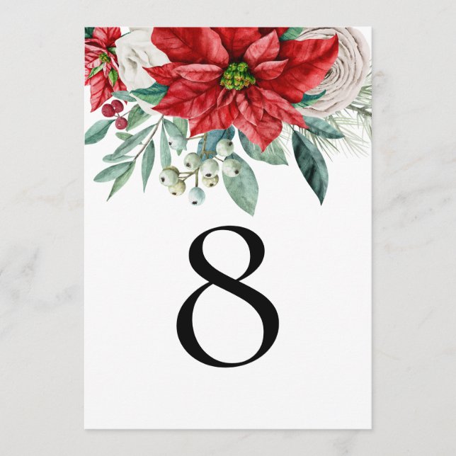 Red Poinsettia Christmas Wedding Table Number (Front)