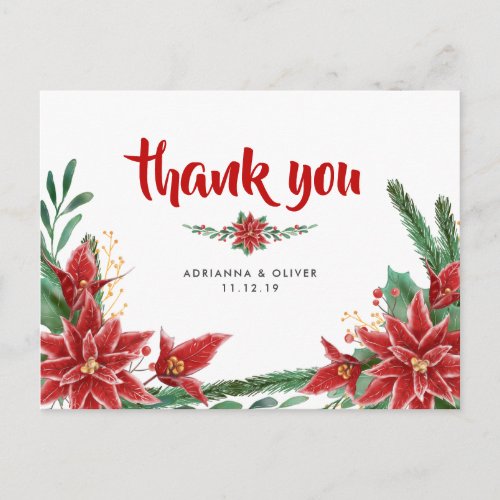 Red Poinsettia Christmas Wedding Thank You Postcard