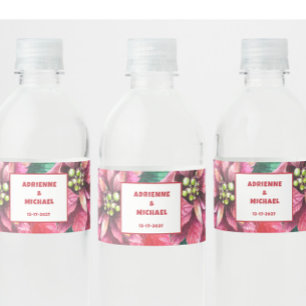 Red Poinsettia Christmas Wedding Water Bottle Label