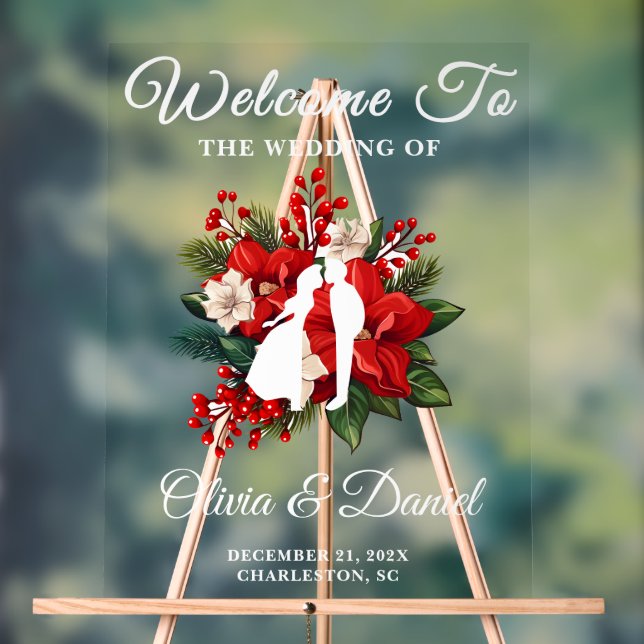 Red Poinsettia Christmas Wedding Welcome Acrylic Sign (Neutral)