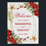 Red Poinsettia Christmas Wedding Welcome Sign<br><div class="desc">Celebrate your winter wedding in festive elegance with this Christmas-themed welcome sign featuring watercolor red poinsettias, gold stars, holly berries, and evergreen foliage. The design showcases a luxurious gold geometric frame on a soft winter background, creating a warm and inviting entrance for your guests. Perfect for Christmas weddings, winter receptions,...</div>