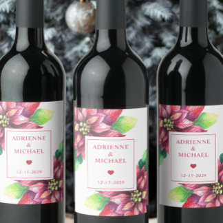 Red Poinsettia Christmas Wedding Wine Label