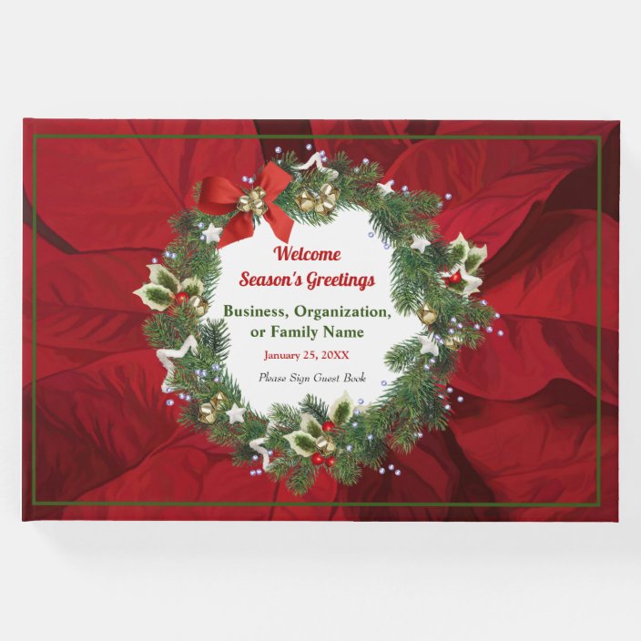 Red Poinsettia Christmas Wreath Holiday Guest Book Zazzle Com