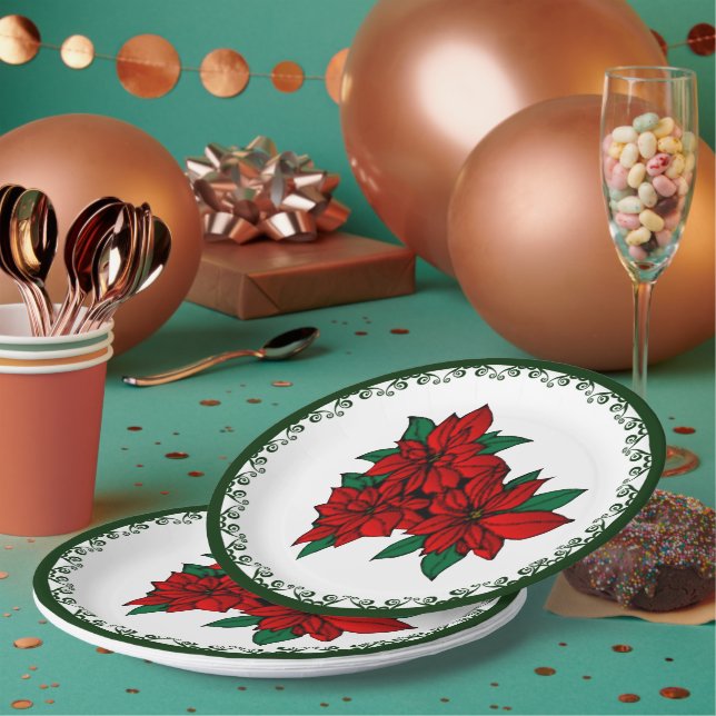 Red Poinsettia Cluster Christmas Floral Holiday  Paper Plates (Multi)