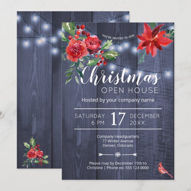 Red poinsettia corporate Christmas open house Invitation (Front/Back)
