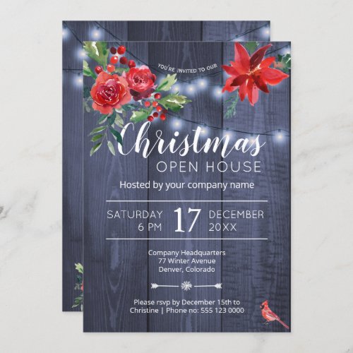 Red poinsettia corporate Christmas open house Invitation