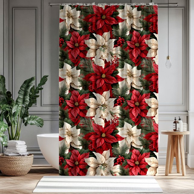 Red Poinsettia Curtain Classic Christmas Elegance (Red Poinsettia Curtain Classic Christmas Elegance)