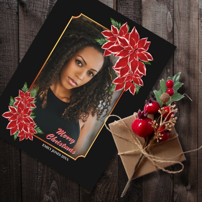Red Poinsettia Custom Photo Black Border Christmas Holiday Postcard (Creator Uploaded)