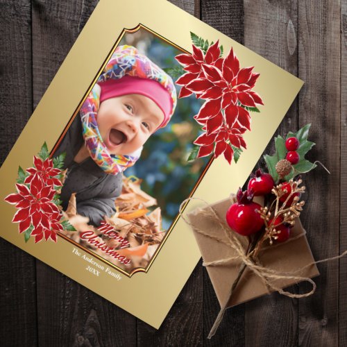 Red Poinsettia Custom Photo Gold Christmas Holiday Postcard