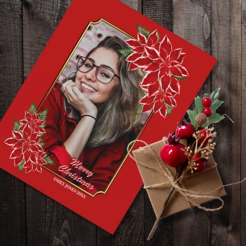 Red Poinsettia Custom Photo Red Bordered Christmas Holiday Postcard