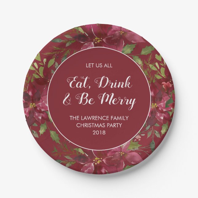 Red Poinsettia Eat Drink Merry Christmas Party Paper Plates (Front)