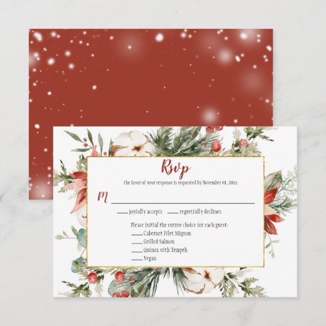 Red Poinsettia Evergreen Christmas Gold RSVP (Front/Back)