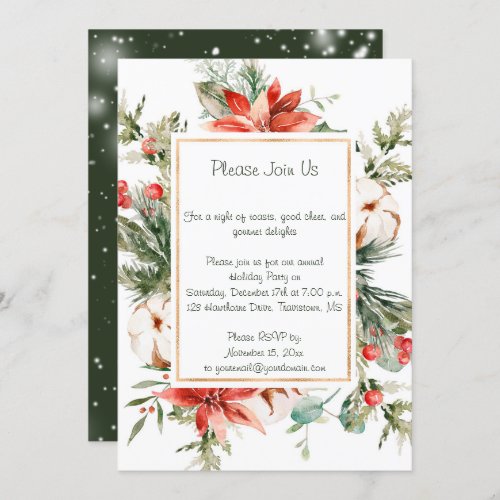 Red Poinsettia Evergreen Snow Christmas Party Invitation