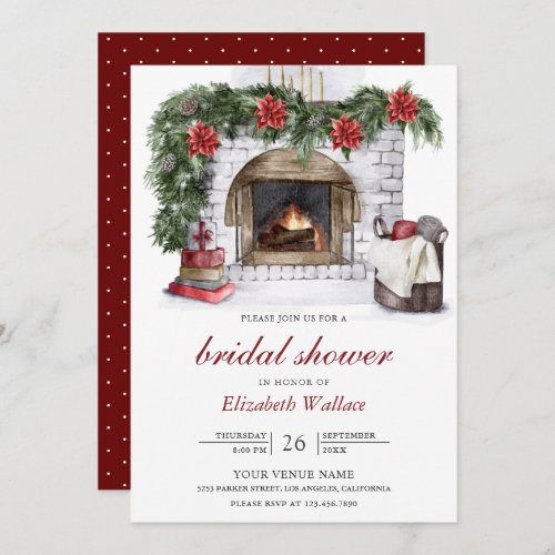 Red Poinsettia Fireplace Christmas Bridal Shower Invitation