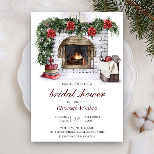 Red Poinsettia Fireplace Christmas Bridal Shower Invitation