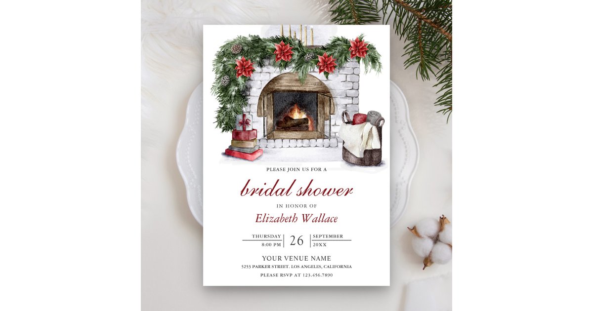 Red Poinsettia Fireplace Christmas Bridal Shower Invitation | Zazzle