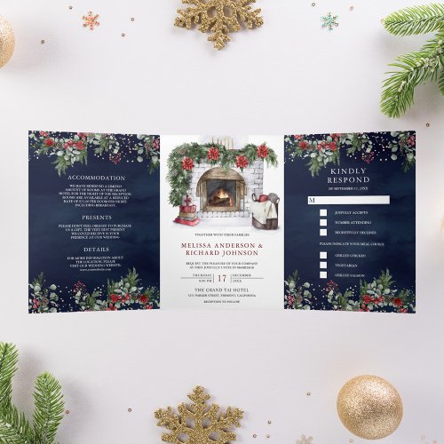 Red Poinsettia Fireplace Christmas Navy Wedding Tri_Fold Invitation