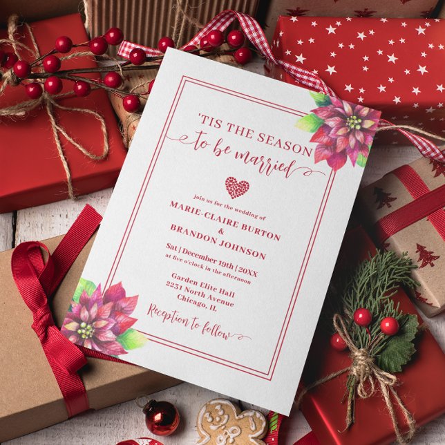 Red Poinsettia Flat Christmas Wedding Invitation (Creator Uploaded)