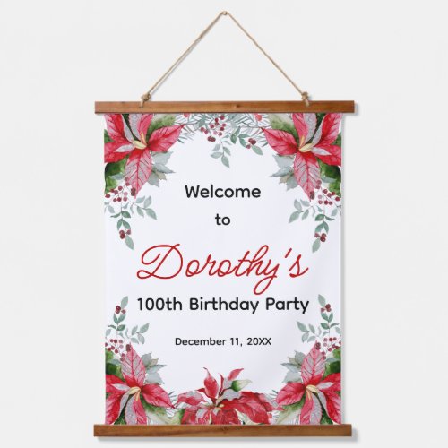 Red Poinsettia Floral 100th Birthday Welcome Hanging Tapestry