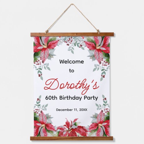 Red Poinsettia Floral 60th Birthday Welcome Hanging Tapestry