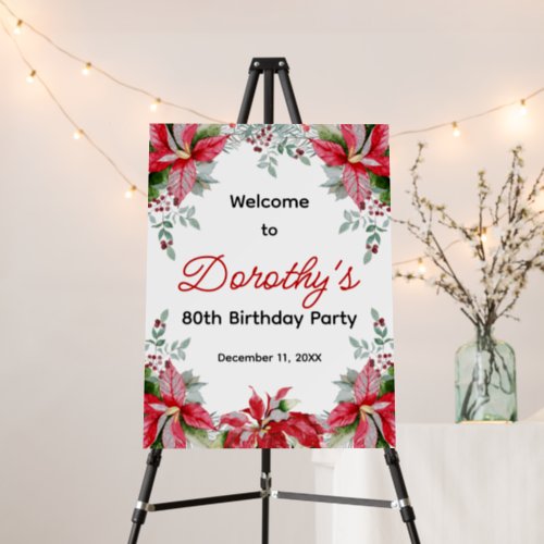 Red Poinsettia Floral 80th Birthday Welcome Foam Board